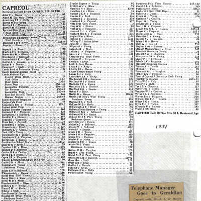 Capreol's First Phone Book, 1931 and "Telephone Manager Goes to Geraldton
