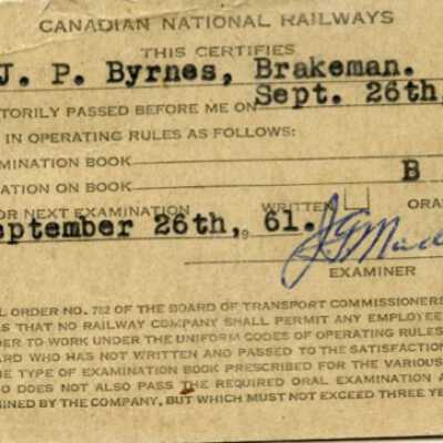 Canadian National Railways Examination Certificate, JP Byrnes, September 26, 1958.