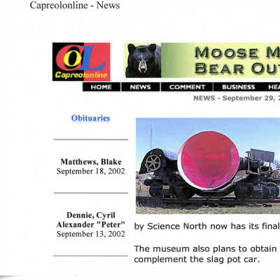 Capreol Online Slag Pot Arrives at NORMHC Article (September 29, 2002)