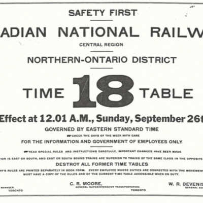 Canadian National Railways Northern Ontario District Time Table 18, September 26 1926