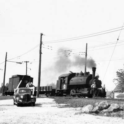 Photograph, INCO Locomotive 30 and Line Car, Lower Yard Limit, from Collection of Dave Shaw.