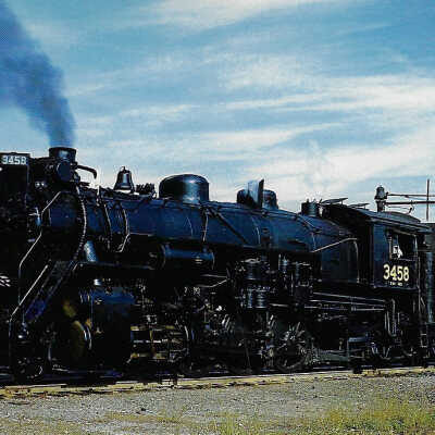Canadian National Postcard showing Mikado Steam Engine #3458 at Orillia, ON, 1956