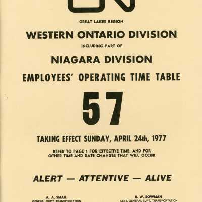 Employee Timetable, CN Rail, Great Lakes Region, Western Ontario Division, Including Part of Niagara Division, Timetable 57, April 24th 1977.