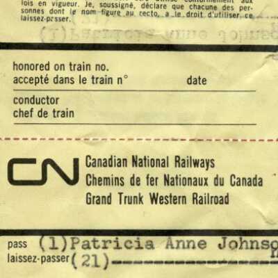 Document, Canadian National Railways Dependants Pass, St John-Capreol Patricia Anne Johnson, Expired March 1974.