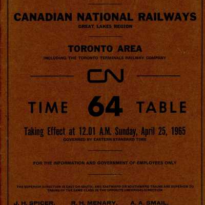 Timetable, CN Toronto Area 64, April 25, 1965
