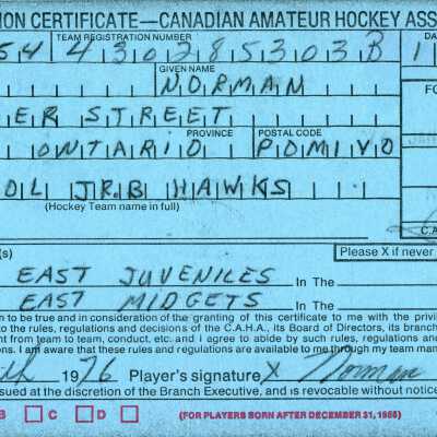 Hockey Player's Registration Certificate belonging to Norman Robert