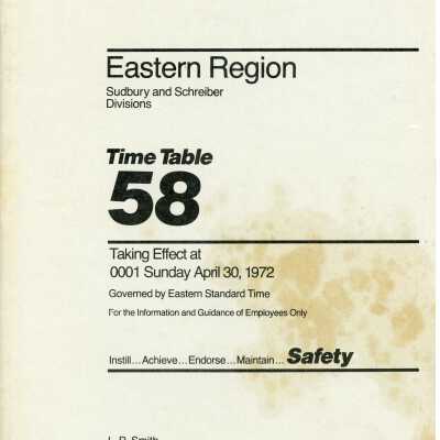 CP Rail Eastern Region (Sudbury and Schreiber) Timetable 58 for April 30 1972, effective 0001 EST