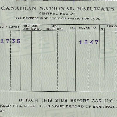 Canadian National Statement of Earnings and Deductions belonging to Frank Mazzuca