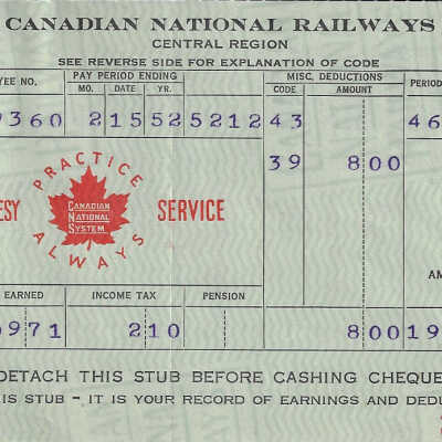 Canadian National Statement of Earnings and Deductions belonging to Frank Mazzuca