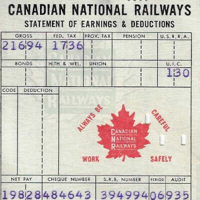 Canadian National Statement of Earnings and Deductions Belonging to Frank Mazzuca