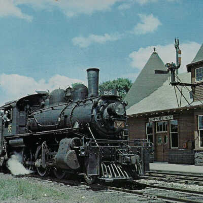Canadian National Postcard showing Mogul Steam Engine #86 at Chelsey, ON, 1957