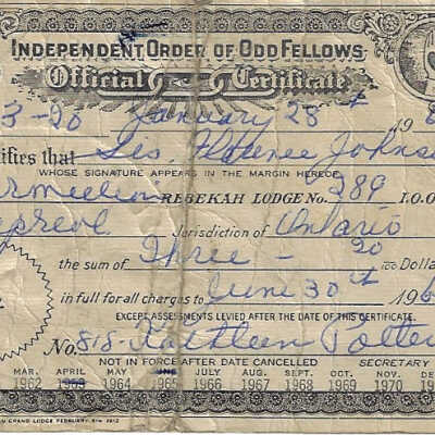 Independent Order of Odd Fellows: Official Certificate of Paid Dues, Sister Florence Johnson, 1962