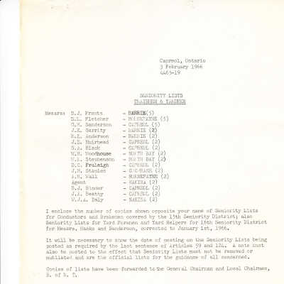 CN Rail- Trainmen and Yardmen's Seniority List, 15th and 16th Seniority Districts, February 3, 1966