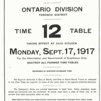 Canadian Northern Railway Eastern Lines Ontario Division Time Table 12, September 17, 1917