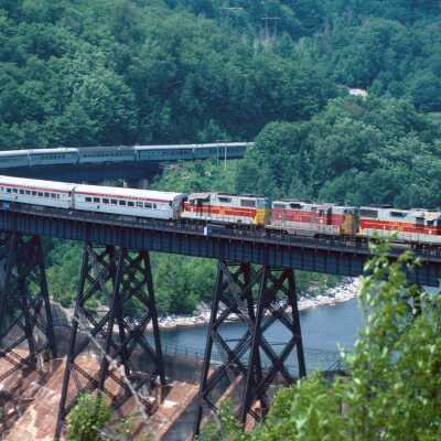 Photograph, Algoma Central Car Locomotivve 201 Southbound Train No. 4, Montreal Falls, 1989.