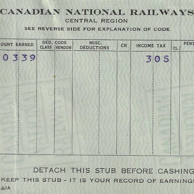 Canadian National Statement of Earnings and Deductions belonging to Frank Mazzuca