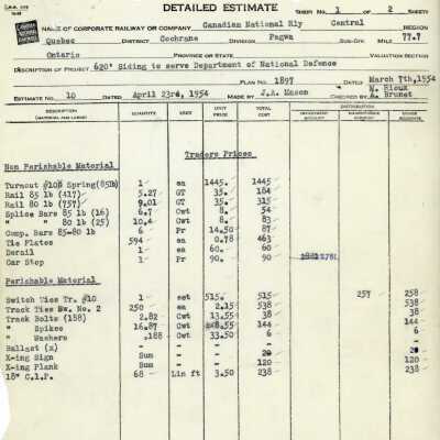 Document, CN Detailed Estimate, 620 Foot Siding to Serve Department of National Defence.