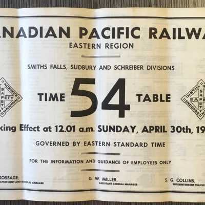 Canadian Pacific Railway, Eastern Region, Smiths Falls, Sudbury and Schreiber Divisions, Timetable 54, 1961