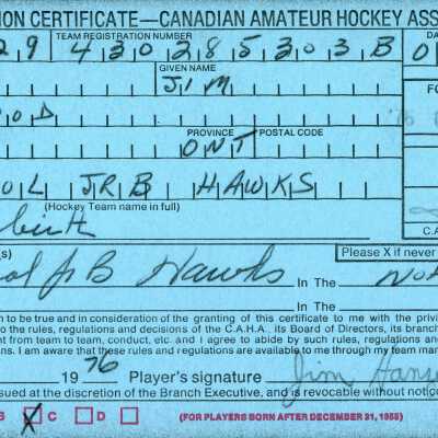 Hockey Player's Registration Certificate belonging to Jim Hanzel