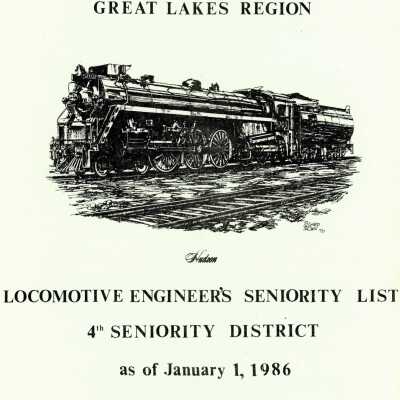 CN Rail, Great Lakes Region, Locomotive Engineer's Seniority List, 4th Seniority District, as of January 1 1986.