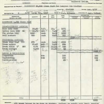 Document, CN Detailed Estimate, Construct 10,853 Track Feet for Lowphos Ore Limited.