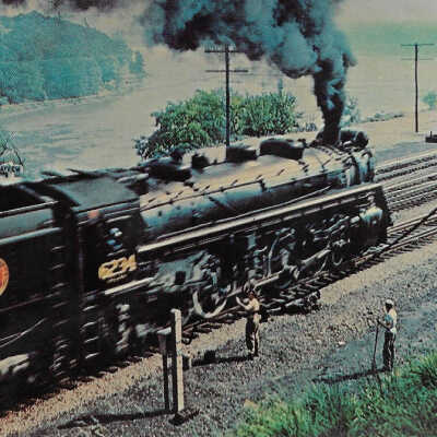 Canadian National Postcard showing Steam Engine #6234 leaving Hamilton, ON, 1958