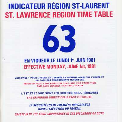Employee Timetable, CN Rail, St. Lawrence Region Time Table 63, June 1st 1981.