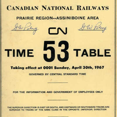 Employee Timetable, CN Rail, Prairie Region Assiniboine 53, April 30th 1967.