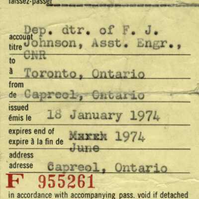 Document, Canadian National Railways Dependants Pass, Toronto-Capreol Barbara Johnson, Expired June 1974.