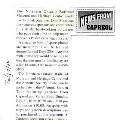 "Annual Garden Tour" News from Capreol, July 7 2004