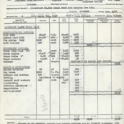 Document, CN Detailed Estimate, Construct 10,853 Track Feet for Lowphos Ore Limited.