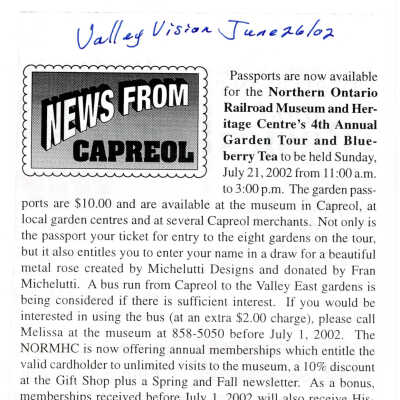 "4th Annual NOMRHC Garden Tour and Blueberry Tea Passports" in Valley Vision, 5 June 2002