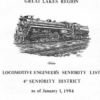 CN Rail, Great Lakes Region, Locomotive Engineer's Seniority List, 4th Seniority District, January 1, 1984.