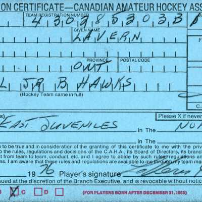 Hockey Player's Registration Certificate belonging to Lavern Hope