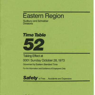 CP Rail Eastern Region (Sudbury and Schreiber) Timetable 52 for October 28, 1973, effective 0001 EST