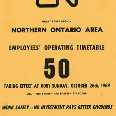 Employee Timetable, CN Rail, Northern Ontario Area 50, October 26th 1969.