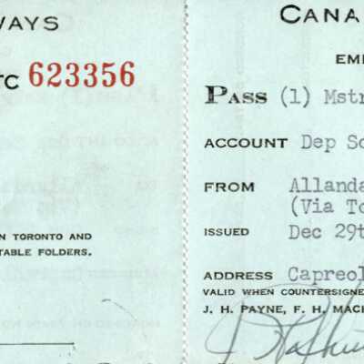 Canadian National: Dependent Child of Employee Trip Pass, Allendale ON from Capreol ON and back, Issued to Roland McKinnon, son of J. B. McKinnon, 1950