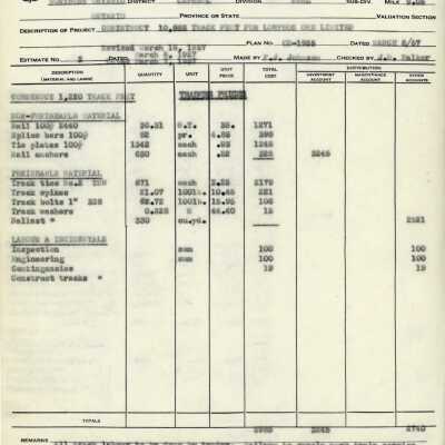 Document, CN Detailed Estimate, Construct 10,853 Track Feet for Lowphos Ore Limited.