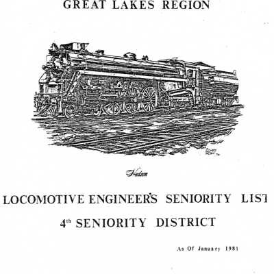 CN Rail, Great Lakes Region, Locomotive Engineer's Seniority List, 4th Seniority District, January 1981.