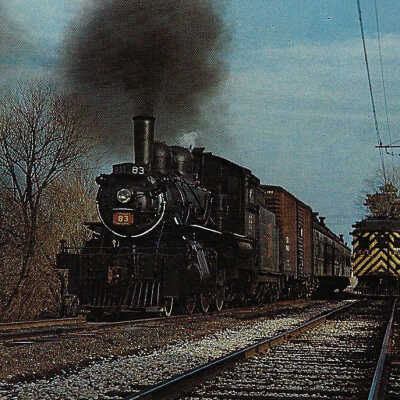 Canadian National Postcard Showing Mogul Steam Engine #83 in Port Dover, ON, 1955
