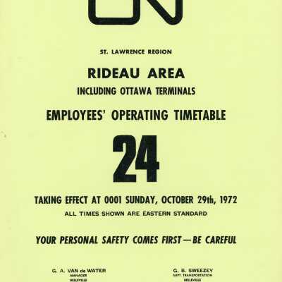 Employee Timetable, CN Rail, St. Lawrence Region, Rideau Area Including Ottawa Terminals, Time Table 24, October 29th 1972.