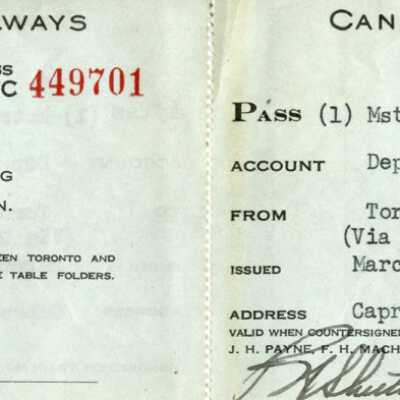 Canadian National: Dependent Child of Employee Trip Pass, Toronto On from Capreol On and back, Issued to Roland McKinnon, son of J. B. McKinnon, 1948