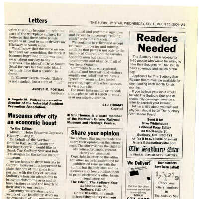 "Museums offer city an economic boost" Letter to the editor in Sudbury Star
