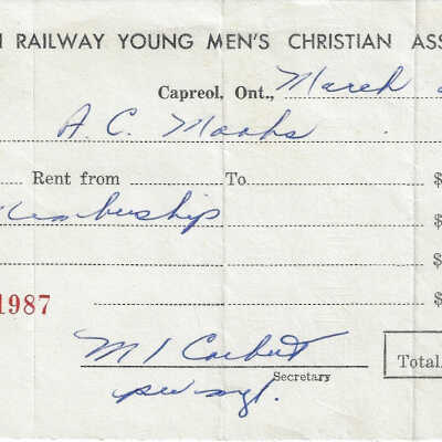 Canadian Railway Young Men’s Christian Association: Membership Dues Receipt, A. C. Maahs, 1960