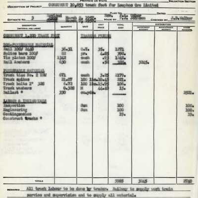 Document, CN Detailed Estimate, Construct 10,853 Track Feet for Lowphos Ore Limited.