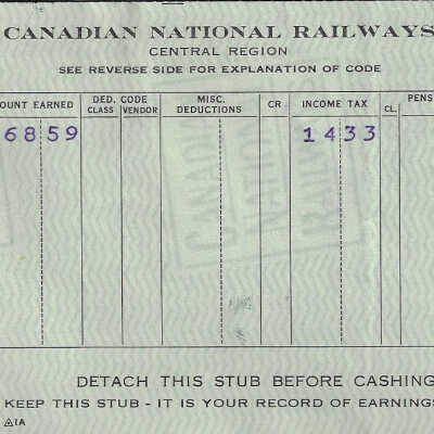 Canadian National Statement of Earnings and Deductions belonging to Frank Mazzuca