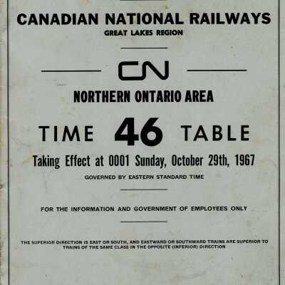 Timetable, CN Great Lakes Region Northern Ontario Area 46, October 29th 1967.