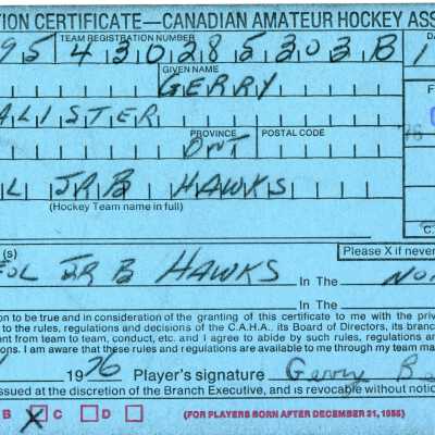 Hockey Player's Registration Certificate belonging to Gerry Bertrand