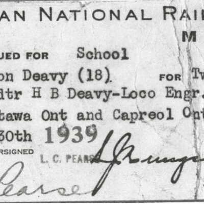Document, Canadian National Railways Dependents Pass, Marion Deavy, Ottawa-Capreol, Expired September 30 1939.