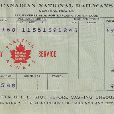 Canadian National Statement of Earnings and Deductions belonging to Frank Mazzuca
